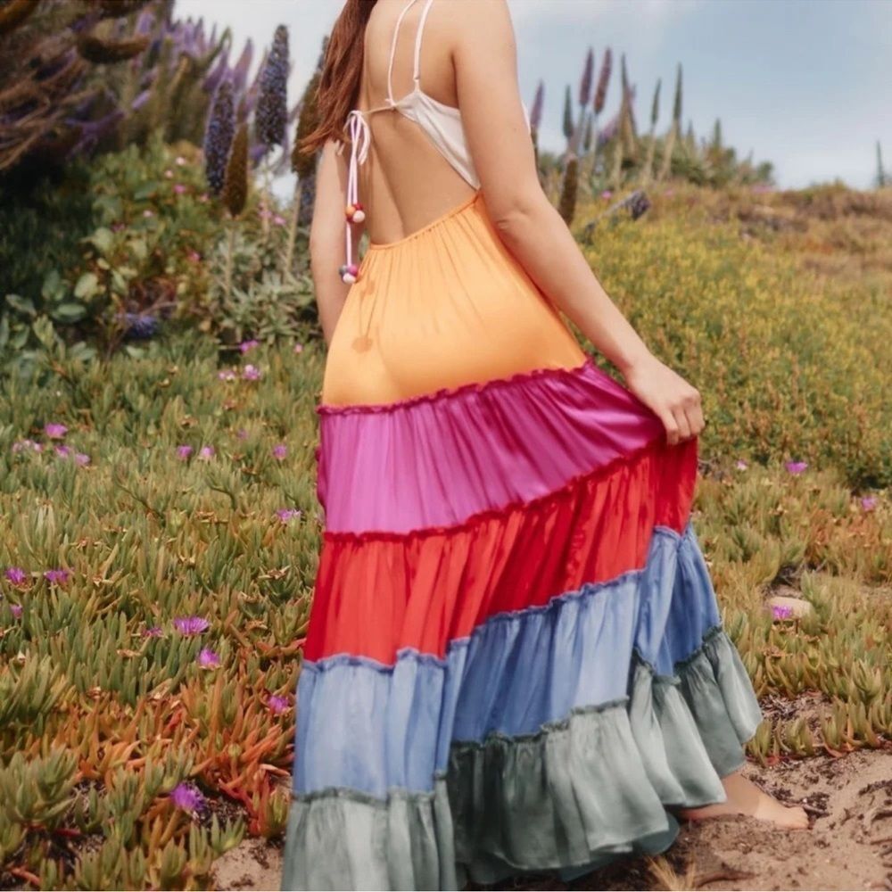 NEW By Anthropologie Rainbow V-Neck Tiered Maxi Dress Size Small - Picture 3 of 8